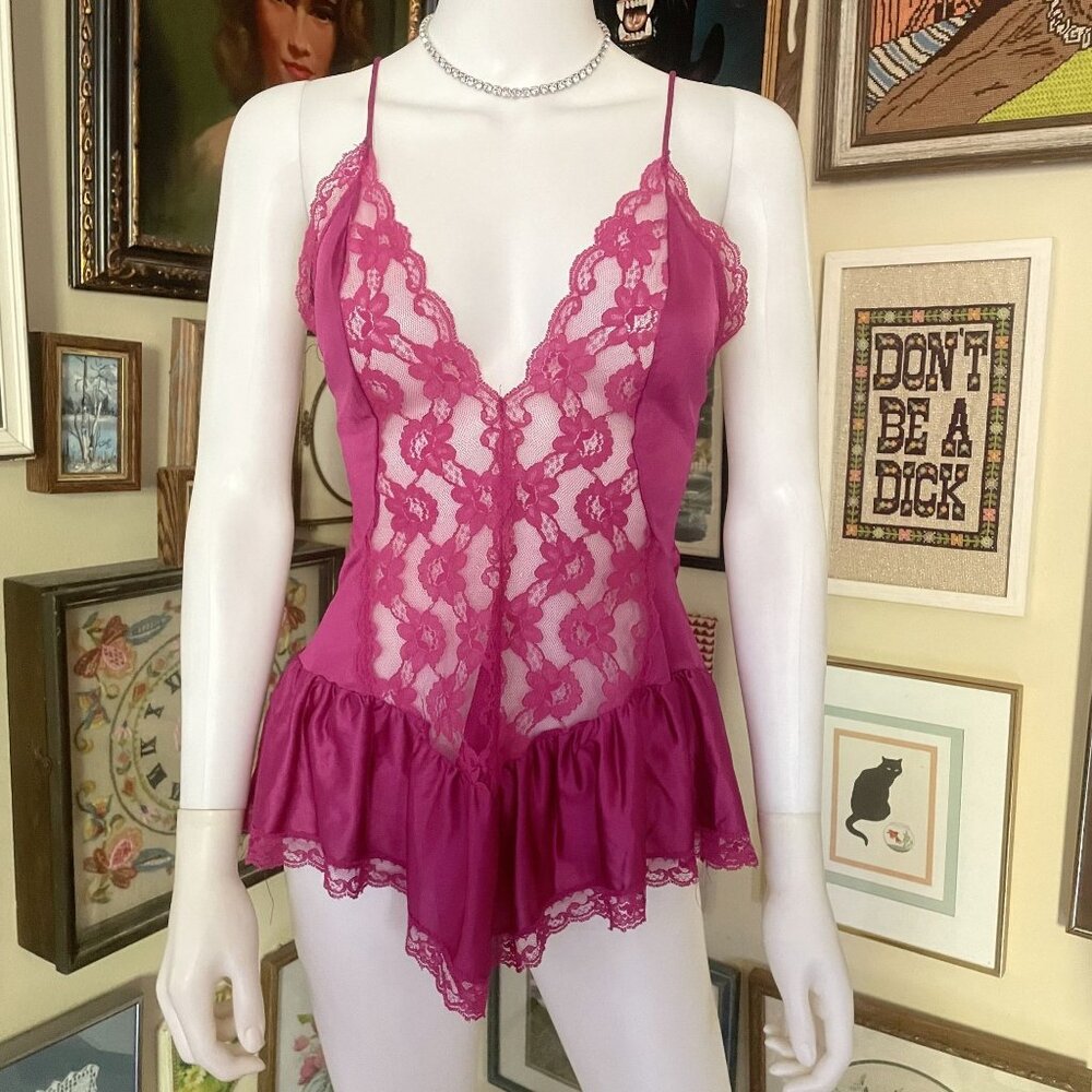 Valmode Sheer Purple Lace & Nylon Babydoll Teddy with Ruffle Hem Size S